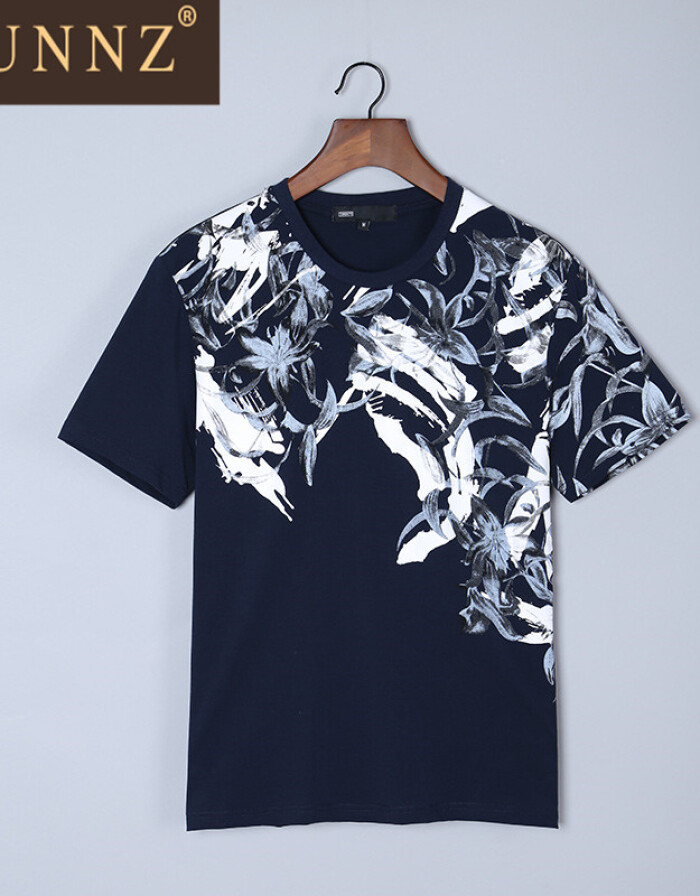 HUNNZ 2016年時尚專柜產品植物花卉印花圓領修身短T 潮男打底 黑色 170